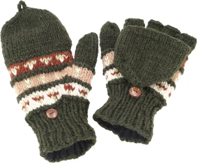Produktbild von Handgestrickte Handschuhe, Klapphandschuhe Nepal, Wollhandschuhe - Dunkelgrün, Uni, Wolle, Handschuhe & Handstulpen