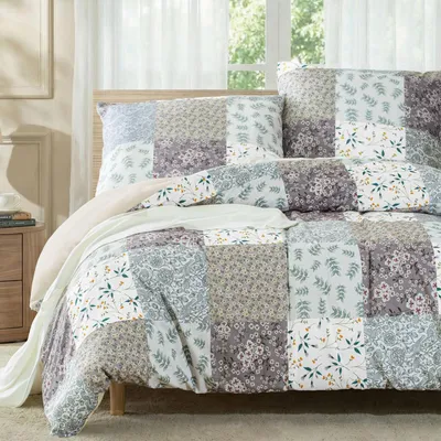 Immagine prodotto di Set di lenzuola matrimoniali 220x240 cm, 3 pezzi, in microfibra, grigio, motivo a quadri e fiori