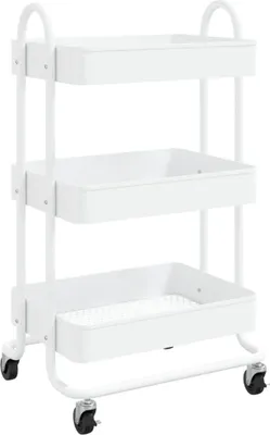 A white three-tiered rolling cart is shown against a white background.