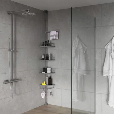 Produktbild von Teleskop Eckregal Edelstahl rostfrei mit 4 Ablagen Duschregal Teleskopregal für Dusche Bad Duschablage höhenverstellbar von 120-300 cm grau