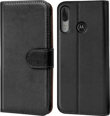 A black flip case for a Motorola phone is shown, with the phone inside on the right and the case closed on the left.