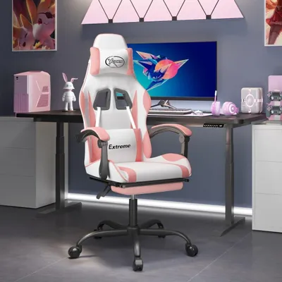 Immagine prodotto di Sedia da gaming elegante, nei colori bianco e rosa – Schienale e poggiapiedi regolabili – Rivestita in ecopelle