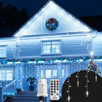 Productafbeelding van Izrielar 10M 720 LED-lichtketting met ijsdruppelvormige lichtjes, 8 modi, koudwit, IP44. IJsdruppelvormige lichtgordijn met afstandsbediening, geschikt voor buiten, tuin en decoratie