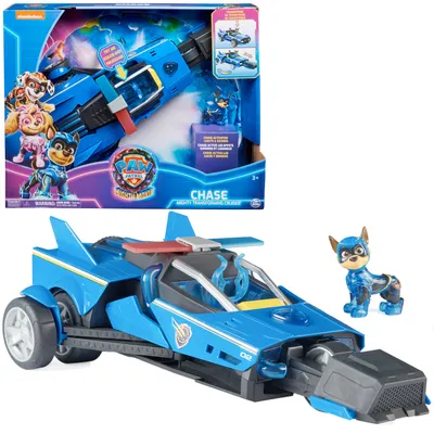 Produktbild von Paw Patrol: Der Mighty Kinofilm, Chases Deluxe Superhelden-Raketenfahrzeug (blau/schwarz, inkl. Chase Figur)