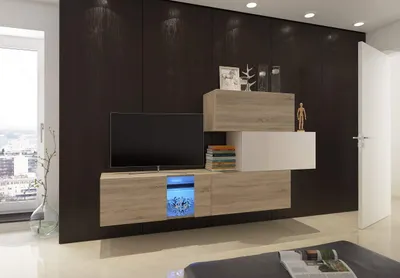 Image de Furnitech Meuble-paroi salon | Meubles de salon avec LED bleu | Meuble-paroi suspendu moderne | Meuble-paroi salon avec étagères et meuble TV (Troja AN85-17WS-HGM41 1A)