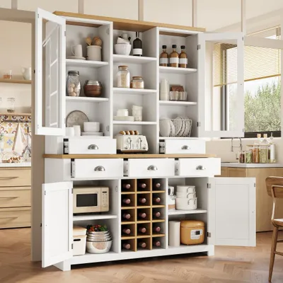 Produktbild von Moderner Hochschrank mit Sicherheitsfunktion, Schrank mit Glastür und Metallgriffen, leises Schließen, herausnehmbares Weinregal, Weiß