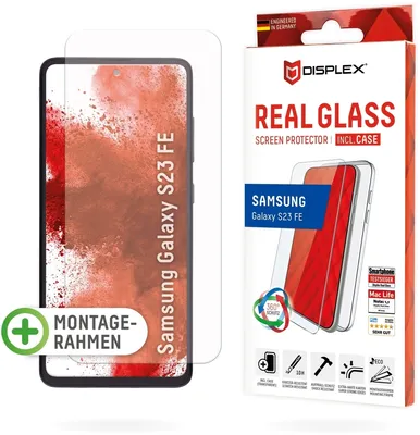 Produktbild von Displex Panzerglas + Schutzhülle für Samsung Galaxy S23 FE, Eco-Montagerahmen, kratzer-resistent, Samsung, Galaxy S23 FE, Trockene Anwendung, Staubresistent, Schlagfest, Kratzresistent, Schockresistent, Transparent, 1 Stück(e)