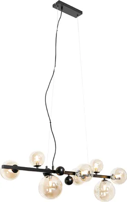 Produktbild von QAZQA - Art Deco Art Deco Hängelampe I Pendellampe I Pendelleuchte schwarz mit braunem Glas 8 Lichter - David I Wohnzimmer I Schlafzimmer - Stahl Länglich - LED geeignet G9