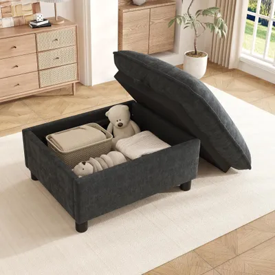 Produktbild von Sofa-Hocker mit verstecktem Stauraum, Chenille-Bezug, stabiler Konstruktion & 8 cm Beinen, Beige, 98x65x48cm