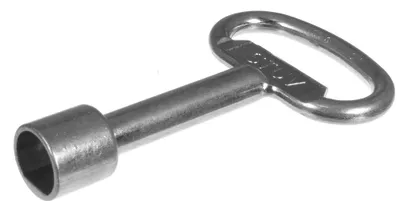 A single metal key with a hexagonal socket on one end and a loop handle on the other, set against a white background.