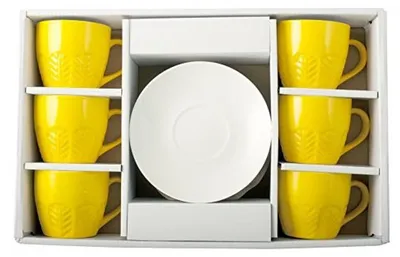 Obrázok produktu pre Sada 6 žltých šálok na kávu s podšálkami, vyrobená z kostnej číny, objem 130 ml