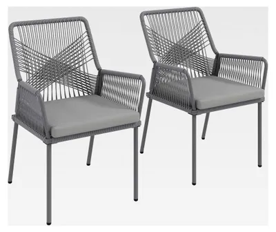 Produktbild von 2er Set Rattan Gartenstuhl mit Armlehne und abnehmbarer Rückenlehne, wetterfest, für Garten, Balkon und Terrasse, Dunkelgrau