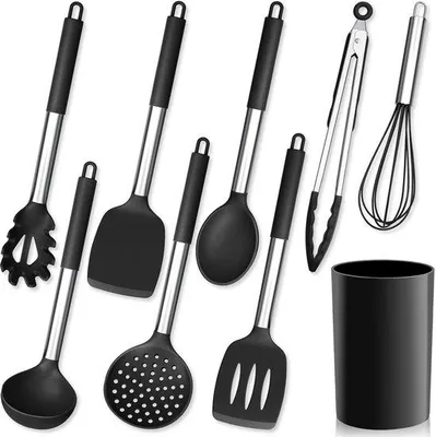 Immagine prodotto di Set di 9 utensili da cucina in silicone Unyqoos® con supporto – Set completo per l'uso quotidiano e la cucina, colore nero, resistente al calore fino a 230°C, manici in acciaio inossidabile