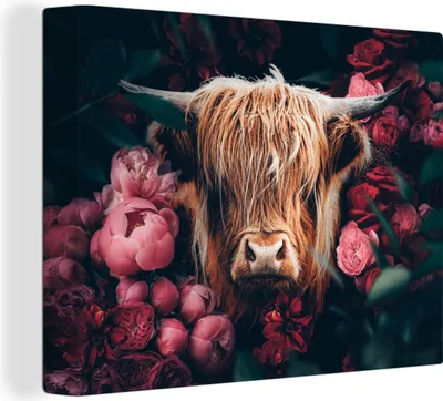 Produktbild von MuchoWow® - Leinwandbilder - Kuh - Schottischer Hochländer - Blumen - Botanisch, Wandbild, Wanddeko Bilder Wohnzimmer, 120x90cm