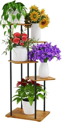 Image de Support à plantes à 5 étages, en bois, 95 cm, à plusieurs niveaux, pour l'intérieur et l'extérieur