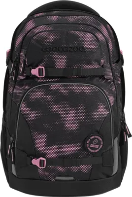 A black and pink patterned backpack is shown against a white background.
