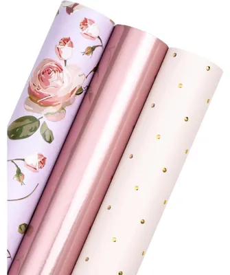 Productafbeelding van Geprinte cadeaupapierrol, mini-formaat, 43,2 cm x 3,05 m, 3 designs in roze en rosé goud, 3 rollen