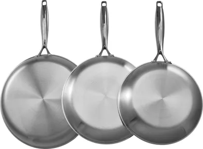 Immagine prodotto di SucceBuy Set di 3 padelle (24 / 28 / 32 cm), robuste padelle in acciaio inox con manico resistente al calore, versatili per piani di cottura a gas, elettrici e a induzione, argento