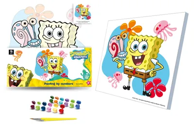 Image de Kit créatif : Peinture par numéros, format 30x30 cm, avec chevalet. Motif : SpongeBob. Référence : QB913-014