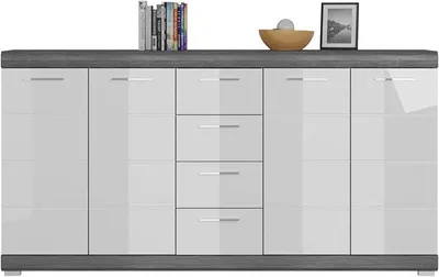 Produktbild von '- Kommode Scout 165x85x37 cm in Rauchsilber und weiß Hochglanz - Beischrank Sideboard Anrichte Schrank Highboard