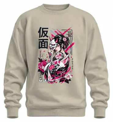 Zdjęcie produktu dla Maska Hannya, gejsza, japońska kobieta, kimono, Japonia, styl Y2K, bluza z kapturem z motywem "Oni", naturalne barwy, rozmiar XXL