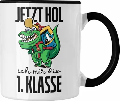 Produktbild von Trendation - Tasse Einschulung Dino T-rex Motiv Geschenk für Jungs in der 1. Klasse Schulstart (Schwarz)