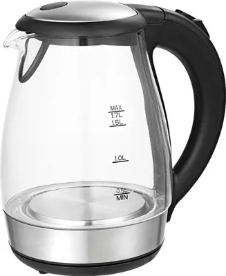 A clear studio shot of a glass electric kettle.