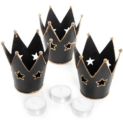 Produktbild von 3 große Kronen Teelichthalter schwarz gold mit Glitzer - glitzernde Windlichter 11 cm