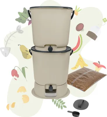 Produktbild von Skaza Bokashi Essential Biomülleimer Küche Set (2 x 15,3 Liter) + Base - Komposteimer Küche und Garten aus recyceltem Kunststoff - Starter Set + incl. 1 kg Fermentation Starter - Creme