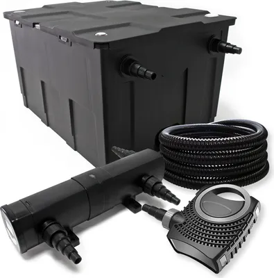 Zdjęcie produktu dla Kompletny zestaw Wiltec: filtr do oczka wodnego CBF-550 do 60000 l jako filtr przepływowy, pompa do oczka wodnego NEO10000 SuperECO 10000 l/h 80 W, odstojnik do oczka wodnego CUV-224 z odstojnikiem UVC 24 W, wąż do oczka wodnego 25 m 25 mm