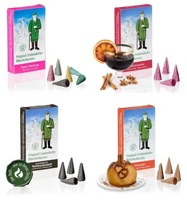 Produktbild von Crottendorfer 4er Set Räucherkerzen Erzgebirgischer Weihnachtsduft/Bunte Mischung/Kaminzauber/Zimtapfel - Inhalt jeweils 24 Stück, Größe M (Standard)