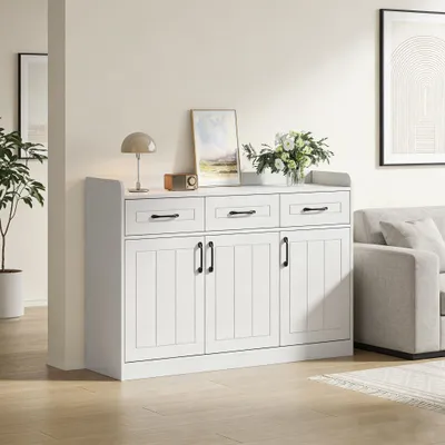 Produktbild von MODFU Sideboard Wohnzimmerschrank mit Griffen und verstellbaren Einlegeböden Aufbewahrungsschrank mit 3 Schubladen Für Wohnzimmer oder Flur geeignet Weiß