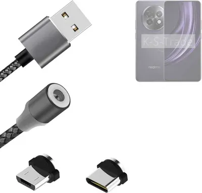 Produktbild von K-S-Trade Hochwertiges Magnet-Lade-kabel Sync-Kabel Daten-Kabel kompatibel mit Realme 13 5G mit USB-Typ-C-Anschluss und Micro-USB-Anschluss 2A bis zu