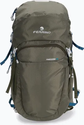 A front view of a green outdoor backpack against a white background.