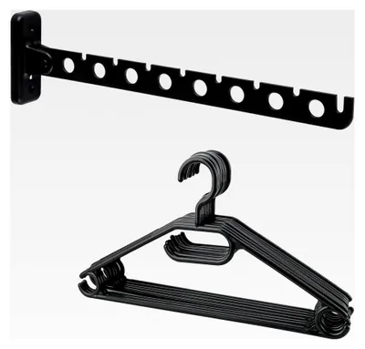 Produktbild von Klappbare Kleiderhaken mit 8 Kleiderbügeln in Schwarz, 31 cm Edelstahl, Garderobe zum Bohren für Balkon, Waschküche, Badezimmer