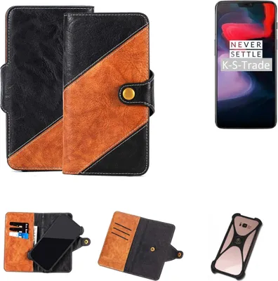 Produktbild von K-S-Trade Handyhülle Schutzhülle Bookstyle Case Wallet-Case kompatibel mit OnePlus 6 Handy Cover Bumper Klapphülle schwarz hellbraun 1x