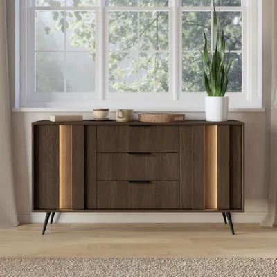 Produktbild von Sideboard Kommode LUPO 153 cm Eiche Dunin 3 Schubladen 2 Türen LED-Beleuchtung Metallfüße