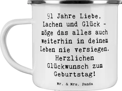 Produktbild von Mr. & Mrs. Panda Teebecher Spruch 91. Geburtstag - Weiß - Geschenk, becher emaille, 91, Tasse, Jubiläumsfeier, Pott, Erinnerungen, Kaffeepott, neunzig Jahre, Glückwünsche