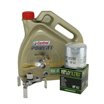 Productafbeelding van Olieverset: 4 liter Castrol Power 1 4T, inclusief oliefilter Hiflo HF163 en oliefiltersleutel. Viscositeit: SAE 10W-40