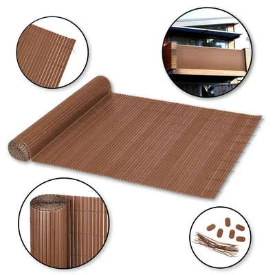 A collage of images showing a rolled-up brown PVC privacy screen, a close-up of its texture, a balcony with a privacy screen installed, and a close-up of the screen's material and fasteners.