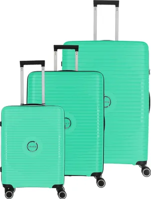 Three green suitcases of different sizes are arranged diagonally on a white background.