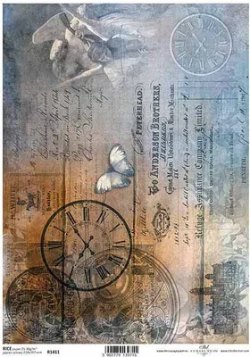 Produktbild von ITD Reispapier Decoupage Bastelpapier Serviettentechnik-R1411 - A4 - Uhren, Vintage, alte Schrift, Engel