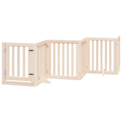 A light-colored wooden pet gate with multiple foldable sections and a door, set against a white background.