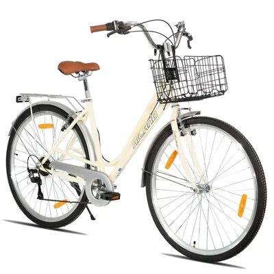 Image de Vélo de ville Hiland de 28 pouces pour adultes, hommes et femmes, avec 7 vitesses, freins V doubles, livré avec un panier, des garde-boue et un porte-bagages