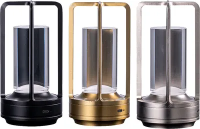 Three LED touch table lamps in different colors (black, gold, silver) are displayed side-by-side against a white background.