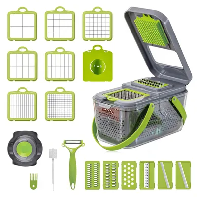 Produktbild von 13-in-1 Multifunktionaler manueller Gemüseschneider, Küchenhacker mit Handschutz, Abtropfkorb, Klingenaufbewahrungsbox, komplettes Zubehörset