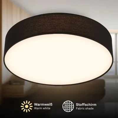 Immagine prodotto di Briloner Plafoniera LED con paralume in tessuto Ø38x10,5 cm rotonda 24W 2600lm 3000K bianco caldo nero - Lampada da soffitto soggiorno camera da letto cucina corridoio