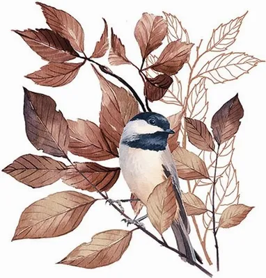 Produktbild von 20 Servietten Lovely Chickadee white - Vogel an braune Blätter auf weiß 33x33cm