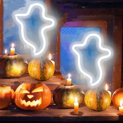 Produktbild von 2 Stück Geister Halloween LED Ghost Neonschilder Horror Deko Nachtlampe Gothic Lichter Halloween Gruselige Innendekoration für Schlafzimmer, Wohnheim, Wand, Fenster, Weihnachtsfeier (Weiß)