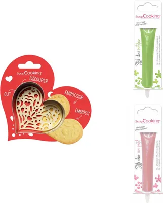 Produktbild von Herz-Relief-Keksset + 2 pastellgrüne und rosa Schokoladenstifte